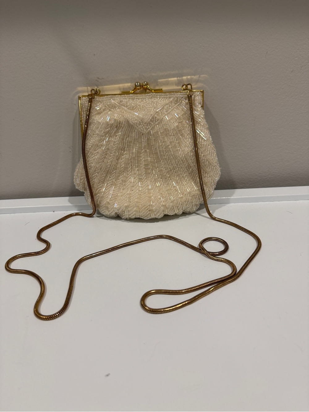 Elegant Cream Beaded Evening Crossbody Bag with Gold Chain